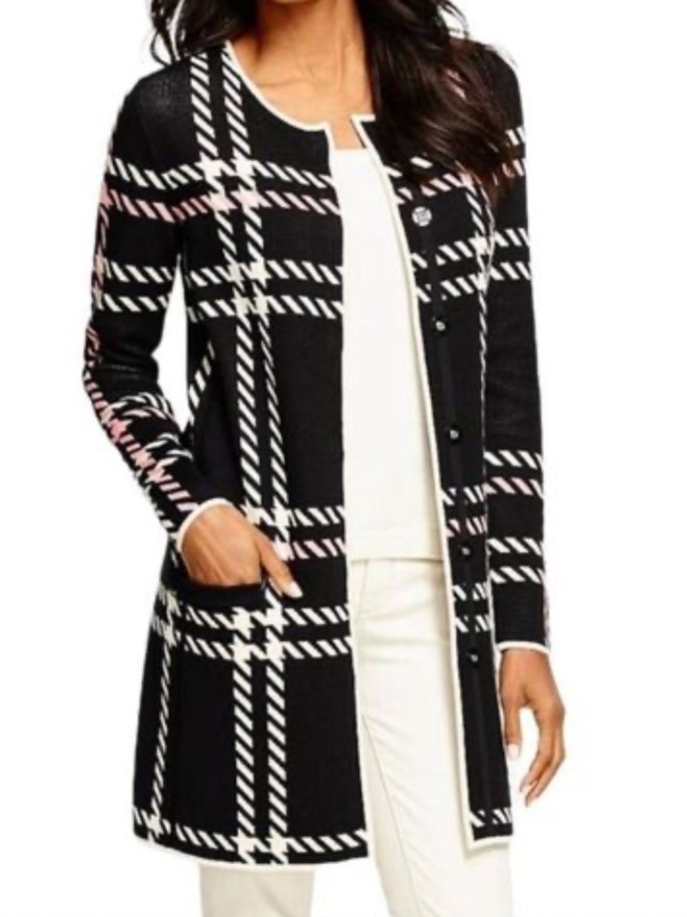 Talbots Herringbone Long Plaid Cardigan Sweater Jacket Size Medium
